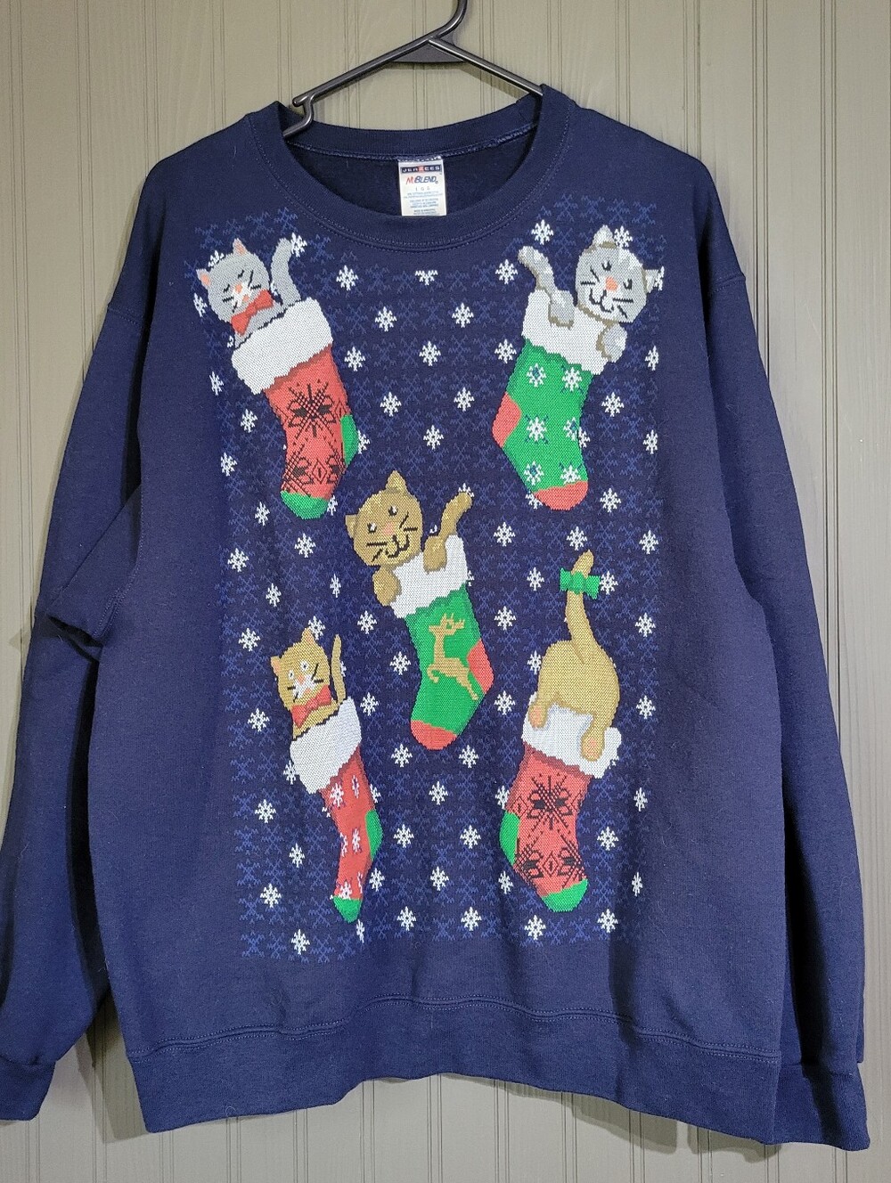 Vintage Jerzees Crewneck Sweatshirt Christmas Cats Stockings Blue Men's Large
